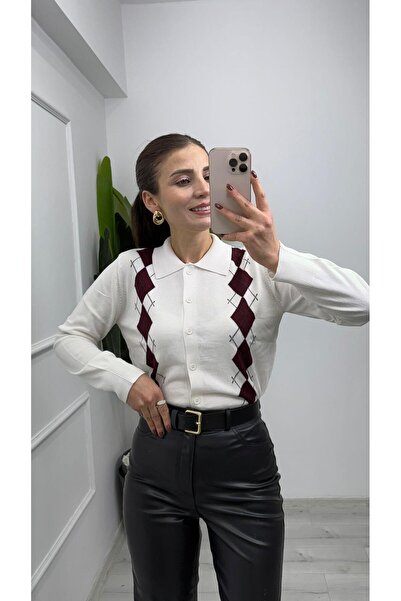 TUNAM BUTİK 5044 Geometric Patterned Thin Knit Cardigan Cream