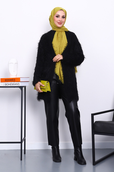 İmajButik Black Long Angora Soft Knit Cardigan