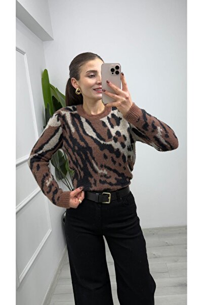 TUNAM BUTİK 5025 Leopard Patterned Soft Knit Sweater Brown Black