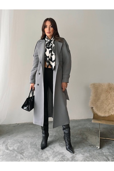 chwain Uzun pamuklu trençkot çift cepli, kuşaklı ve aller detaylı