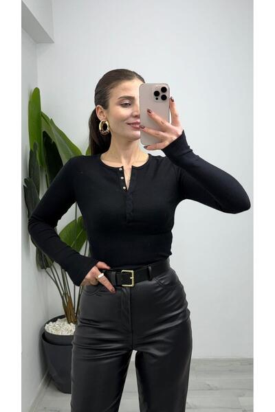 TUNAM BUTİK 31442 بلوزة بأكمام طويلة وأزرار كبس باللون الأسود