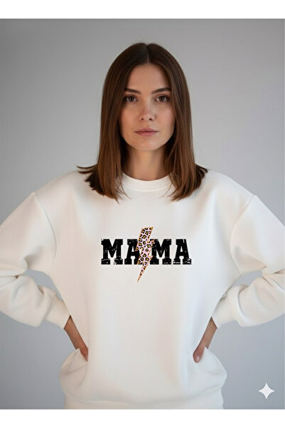 LORVEX سويت شيرت نسائي قصة فضفاضة برقبة دائرية باللون الأبيض MAMA مطبوع