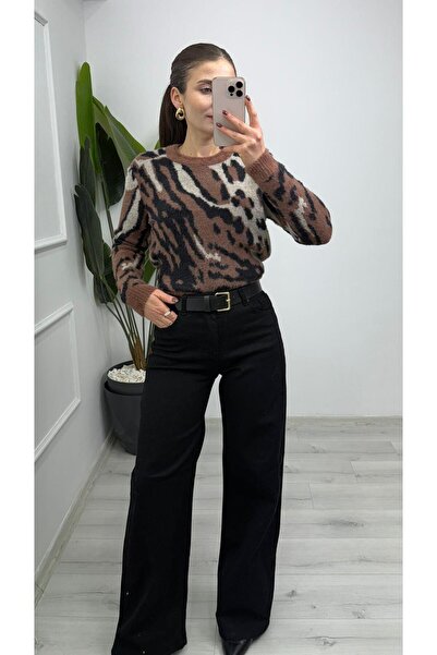 TUNAM BUTİK 5025 Leopard Patterned Soft Knit Sweater Brown Black