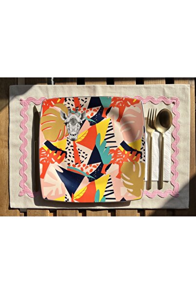 Yare Atelier Set de 2 servicii din țesătură de in brut, roz zigzag detaliu cu...