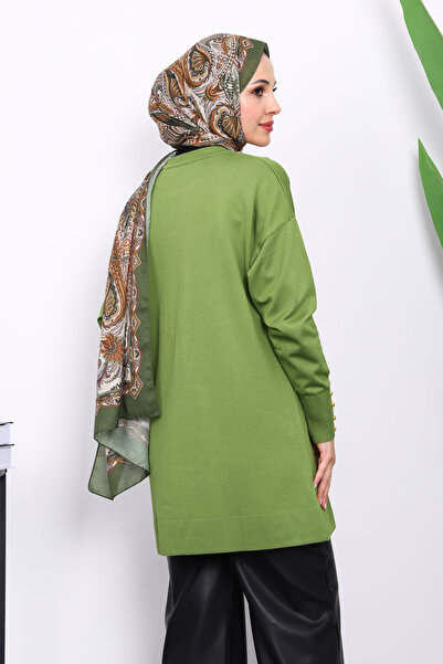 İmajButik Oil Green Cold Knitwear Tunic with Front Detail