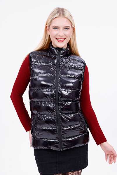 freemen Women's Black Shiny Fabric Puffer Vest