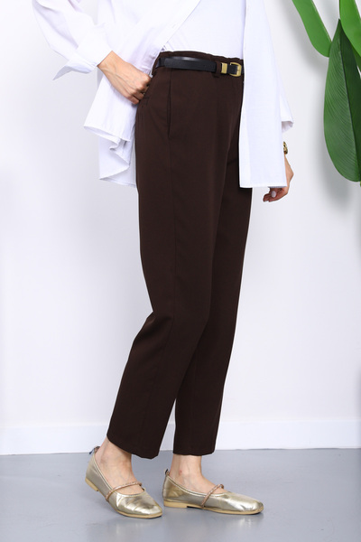 İmajButik Kahverengi Kemerli Önü Pensli Havuç Kumaş Pantolon