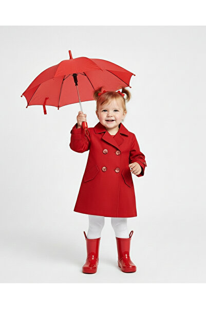 Emsun Kız Bebek Gabardin Kumaş Kırmızı Trençkot