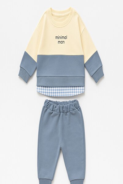 dinamik çocuk Erkek Çocuk 2’li Takım | Minimal Man 3iplik Şardonlu Kışlık Sweatshirt & Eşofman 2-6yaş