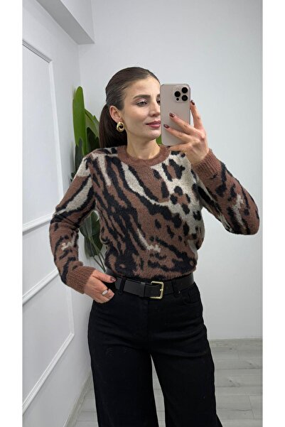 TUNAM BUTİK 5025 Leopard Patterned Soft Knit Sweater Brown Black
