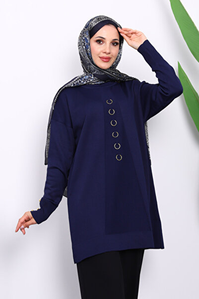 İmajButik Lacivert Ön Detaylı Soğuk İplik Triko Tunik