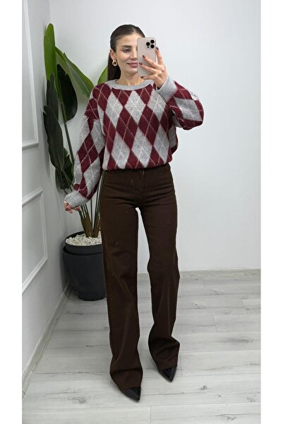 TUNAM BUTİK 4652 Diamond Pattern Soft Knit Sweater Gray Burgundy