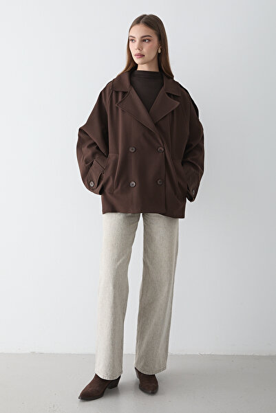 JASTE Kadın Oversize Kruvaze Yaka Cepli Kısa Trençkot