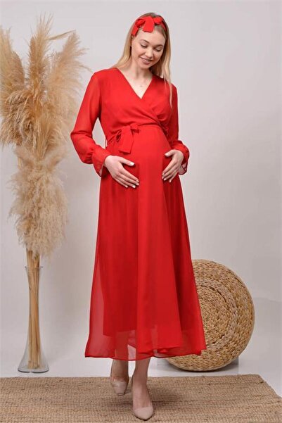 Dipmoda Women Red Baby Shower Chiffon Maternity Dress Dphml003
