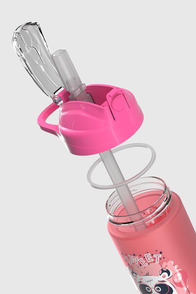 Renga Falcon Panda Patterned 500 ml Matte Tritan Children's Water Bottle with Straw 912037 Pink