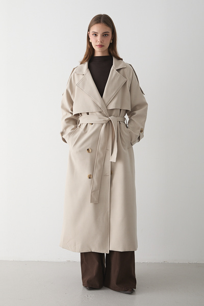 JASTE Kadın Bej Kruvaze Yaka Kuşaklı Uzun Trençkot