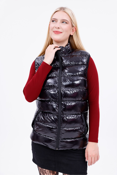 freemen Women's Black Shiny Fabric Puffer Vest