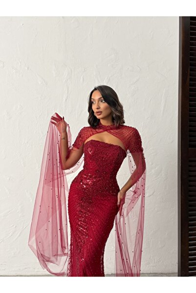 Housebutik Pelerinli Taş İşlemeli Boncuklu Nişan Davet Abiye