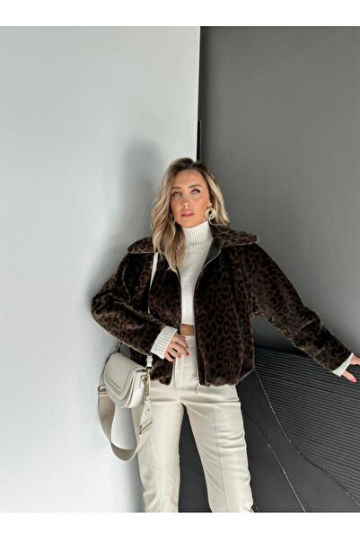 EGZOTİK ASORTİK Бомбър яке от камилска козина с леопардов принт