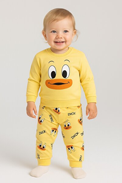 dinamik çocuk Kız/Erkek Bebek Unısex Duck Ördek Desenli 2li Takım Sweatshirt ve Alt 6-9-12-18ay