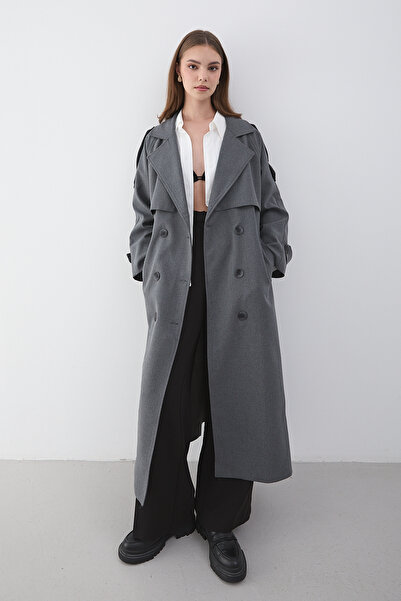 JASTE Women's Anthracite Double-Breasted Collar Belted Long Trench Coat