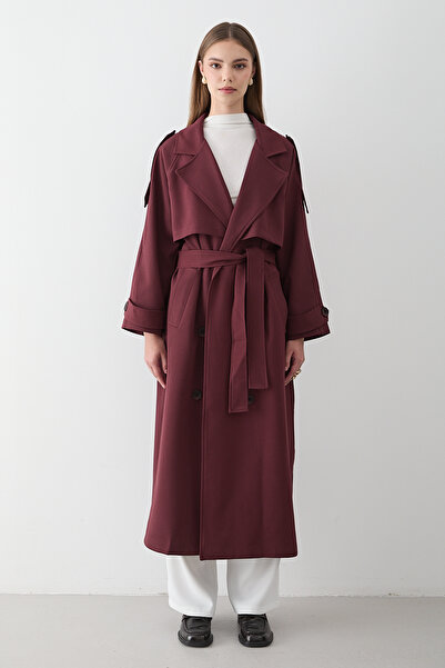 JASTE Kadın Bordo Kruvaze Yaka Kuşaklı Uzun Trençkot