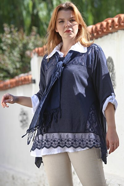 Chiccy İtalyan Lacivert-Beyaz Gömlek Yaka Düğmeli Uzun Kollu Üçlü Set Fularlı Dantel Dokuma Bluz 68 65