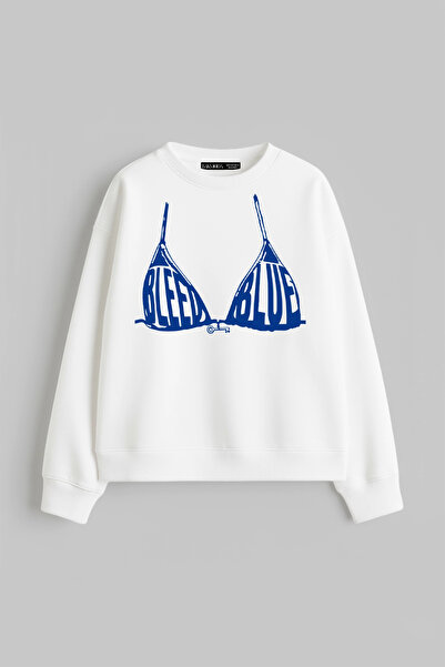 Bak Moda Γυναικείο λευκό φούτερ χωρίς κουκούλα με στάμπα Bleed Blue