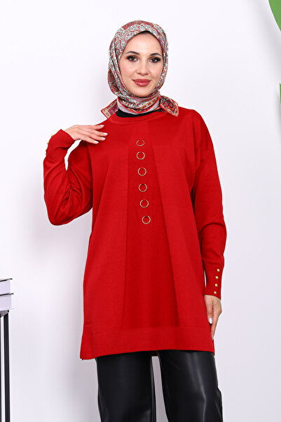 İmajButik Burgundy Cold Yarn Knitwear Tunic with Front Detail
