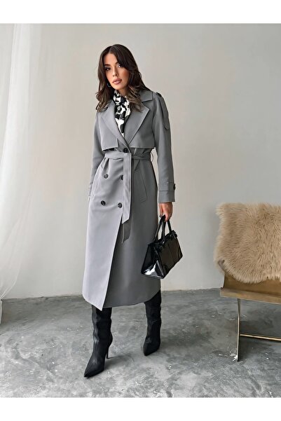 chwain Uzun pamuklu trençkot çift cepli, kuşaklı ve aller detaylı