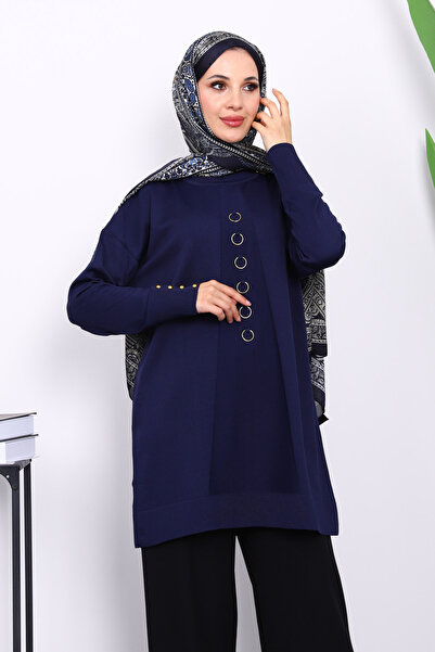 İmajButik Lacivert Ön Detaylı Soğuk İplik Triko Tunik