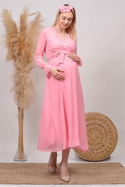 Dipmoda Women Powder Double-Breasted Neckline Baby Shower Chiffon Maternity D...