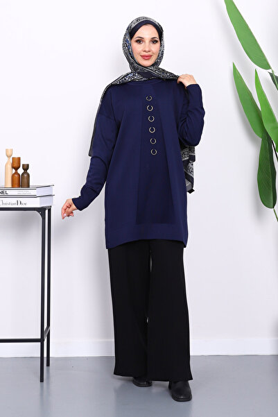 İmajButik Lacivert Ön Detaylı Soğuk İplik Triko Tunik