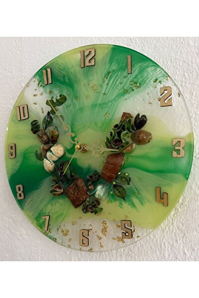 Pelince Handmade Epoxy Wall Clock |   Detailed Information on Dried Herbs |   Green & White |   30 cm