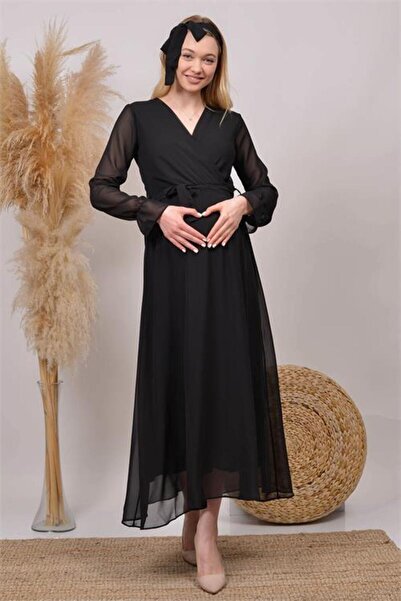 Dipmoda Women Black Double-Breasted Neckline Baby Shower Chiffon Maternity Dr...