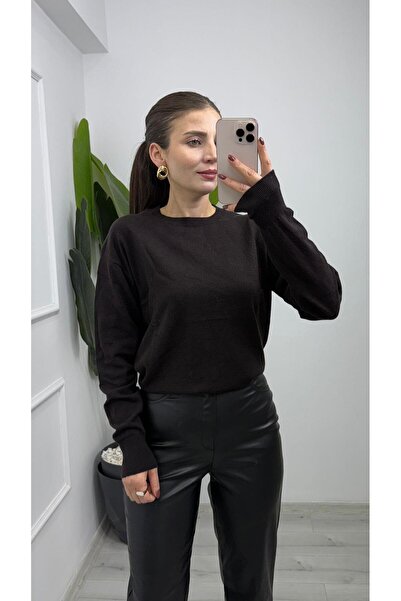 TUNAM BUTİK 10633 Crew Neck Wool Basic Knit Sweater Bitter Brown