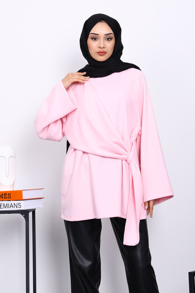 İmajButik Pembe Yandan Şallı Fitilli Tunik