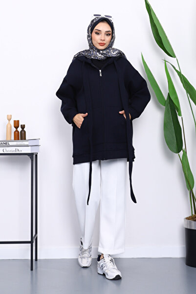 İmajButik Navy Blue Lace Detailed Three Thread Hooded Cardigan