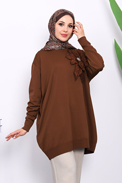 İmajButik Brown Cold Yarn Floral Detailed Knitwear Tunic