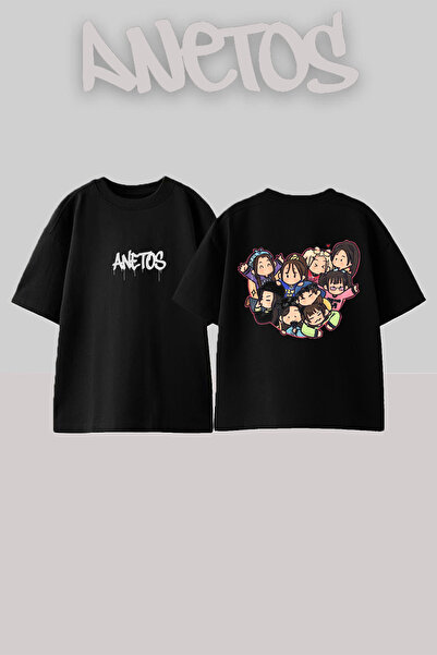 Anetos تي شيرت Twice Kpop 1 Design Back مطبوع من القطن باللون الأسود قصة فضفاضة