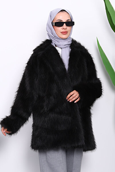 İmajButik Black Lined Short Fur Coat