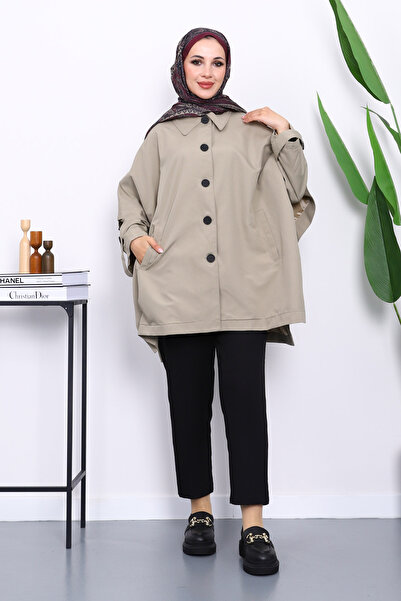 İmajButik Light Khaki Oversized Button Poncho Trench