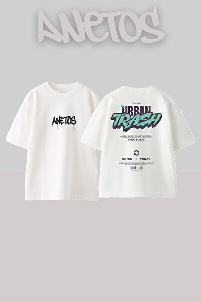 Anetos Urban Trash Design Rucsac cu imprimeu Bumbac Alb supradimensionat tricou