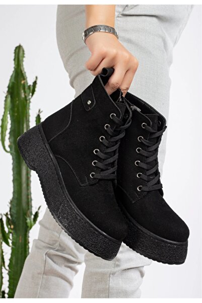 Mc vay Shoes Γυναικείες μπότες 014 μαύρες σουέτ με πέτρα με γούνα εσωτερικά, κομψές ορθοπεδικές μπότες με κορδόνια και φερμουάρ