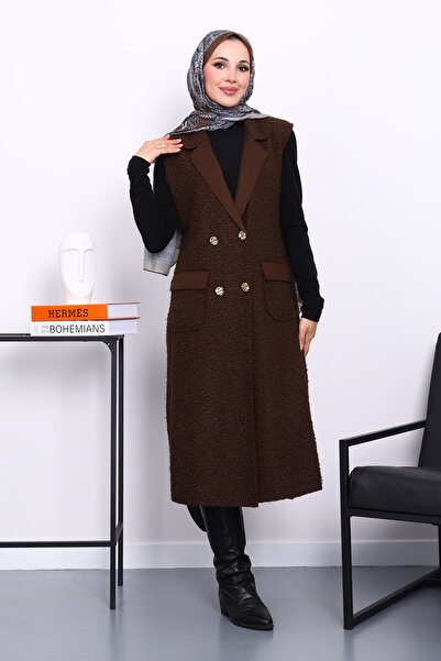 İmajButik Brown Buttoned Long Boucle Vest