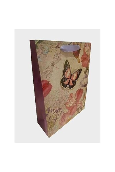 Generic Vintage 3D Butterfly and Floral Gift Bag, Pink and Beige, Decorative Paper Shopping Bag