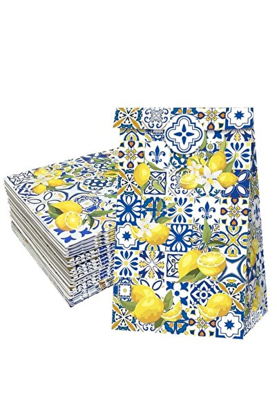 Generic KASTWAVE Capri Lemon Print Party Favor Bags, 24 Pcs Kraft Paper Gift Bags, Blue Tiles Yellow Lemon