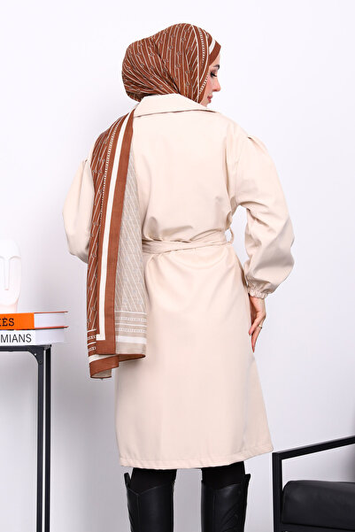 İmajButik Μπεζ καμπαρντίνα με ζώνη με διπλό πέτο γιακά