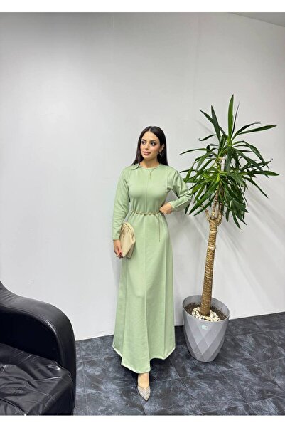 SHEZAN MODA فستان سكوبا نسائي بحزام سلسلة واسع باللون الأخضر المائي BB-10004744