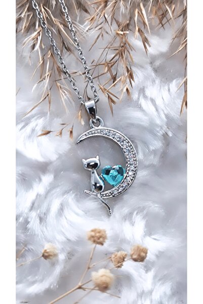 Serenity Hilal Kedi Figürlü Mavi Kalp Çelik Kolye